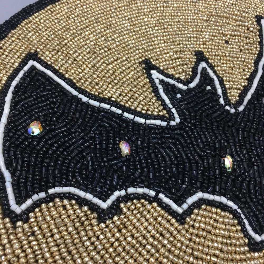 x4 Tahari Halloween Beaded Placemat Set Bat Pumpkin Spiderweb Spider Gold Black